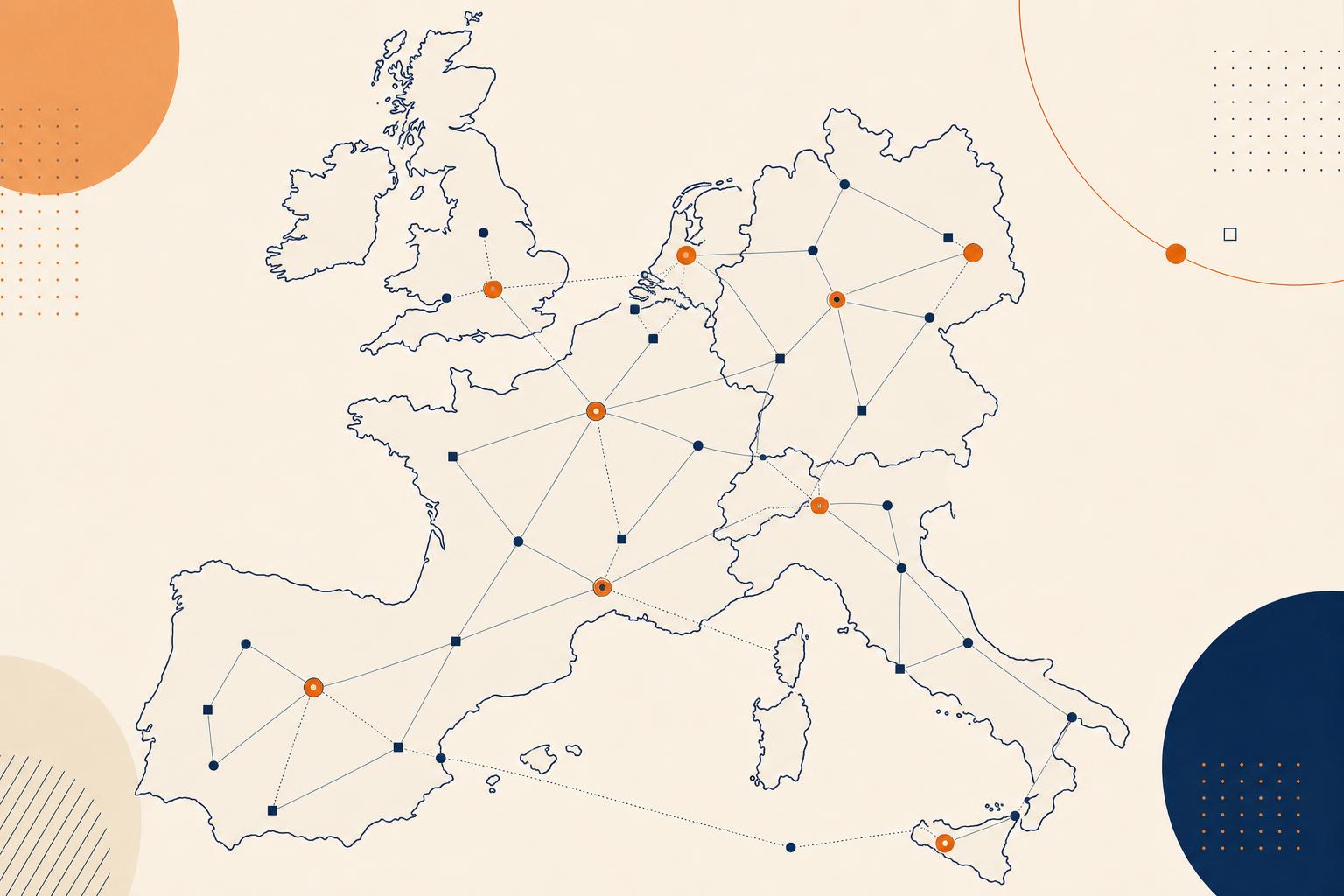 Stylized map of Europe with connected trade nodes representing B2B marketplace hubs