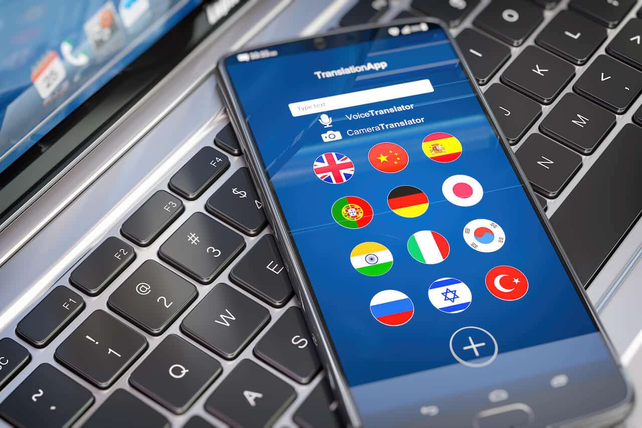 Foreign languages translation or learning languages online. Mobile phone or smartphone with dictionary app on the screen. 3d illustration