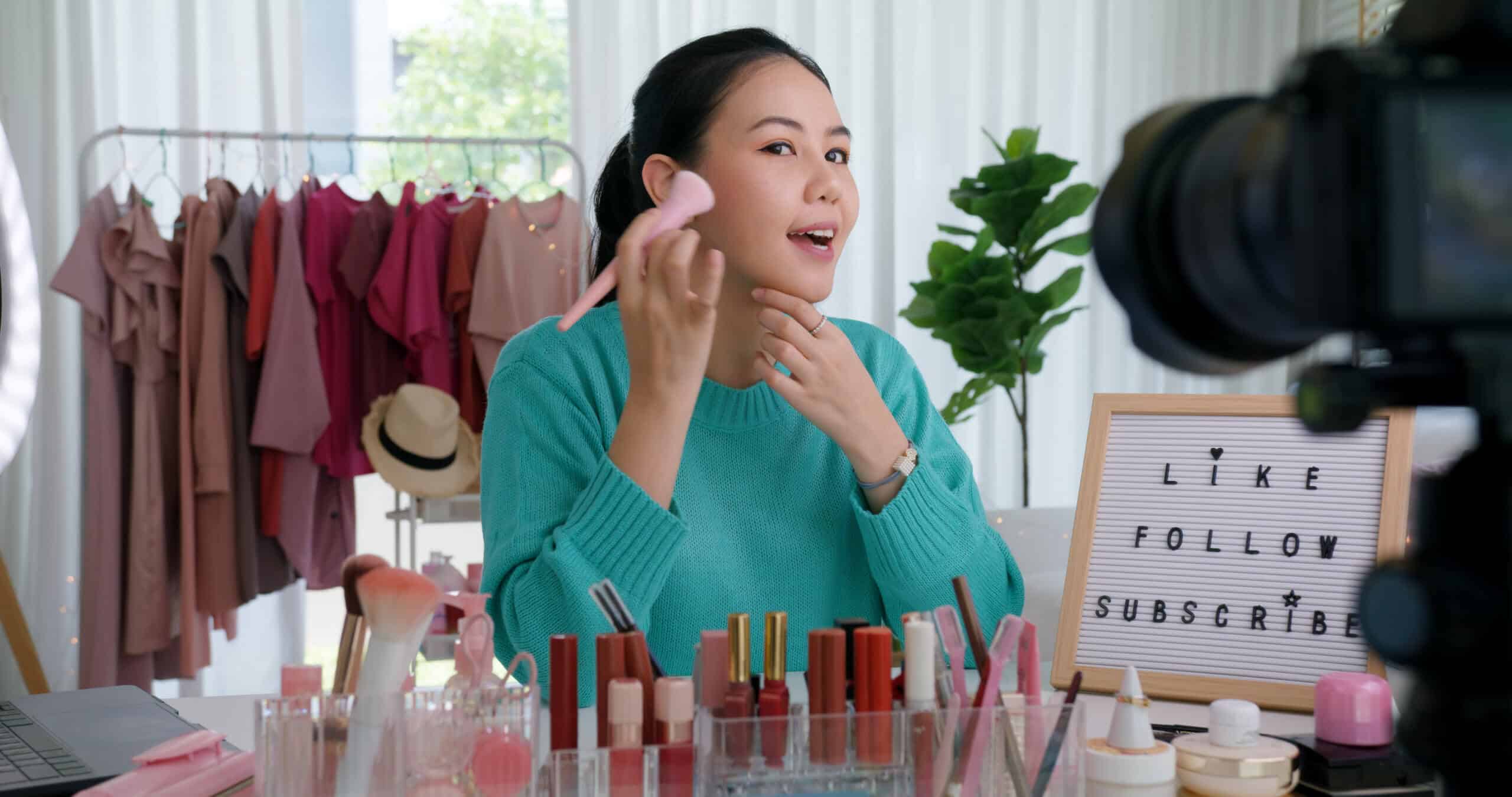 Asia woman micro influencer record live viral video camera at home studio. Happy youtuber fun talk speak advice review hobby in media. Vlogger selfie shoot enjoy work show smile teach like and share.