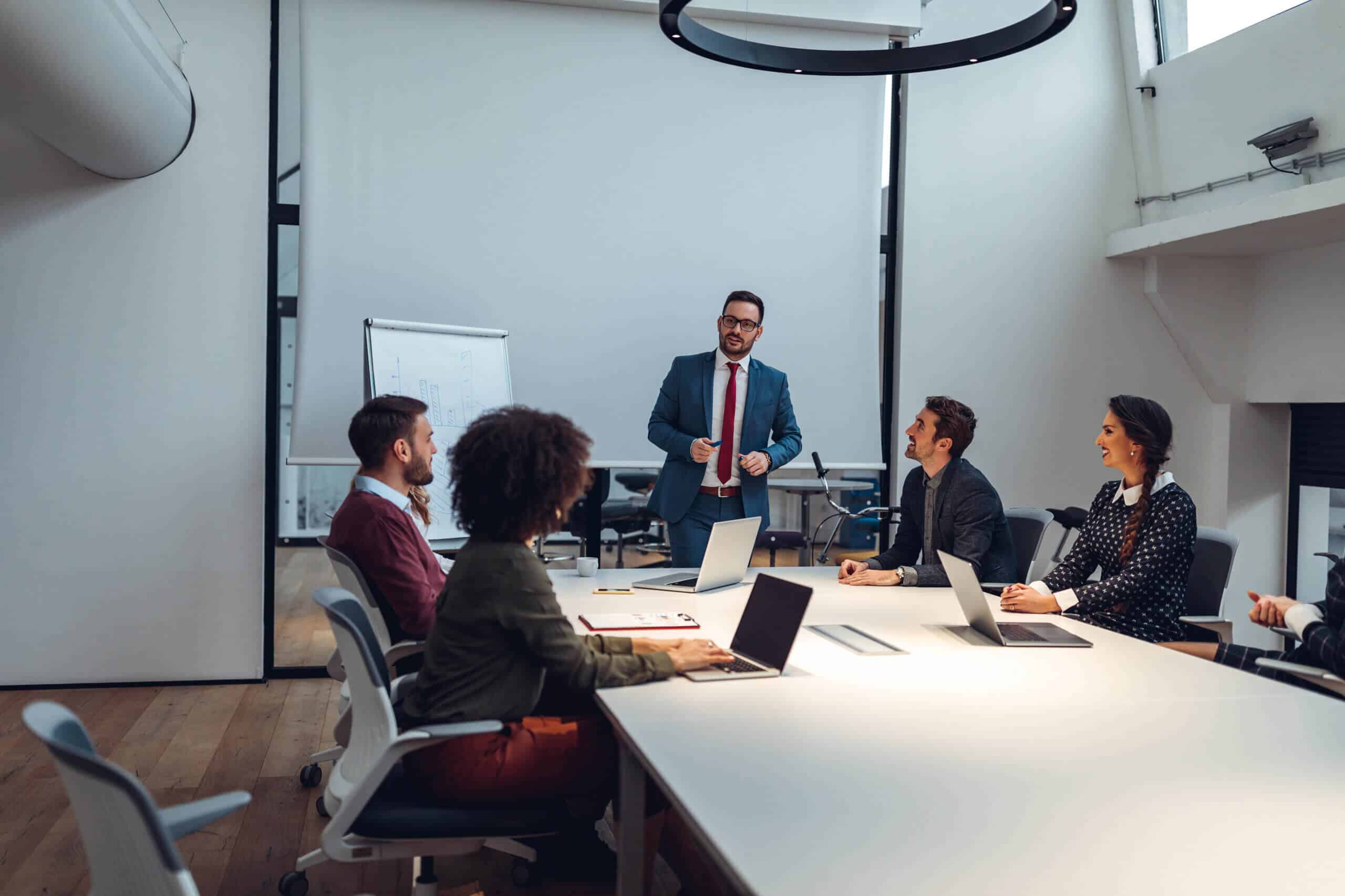 Group of coworkers having a meeting in a boardroom