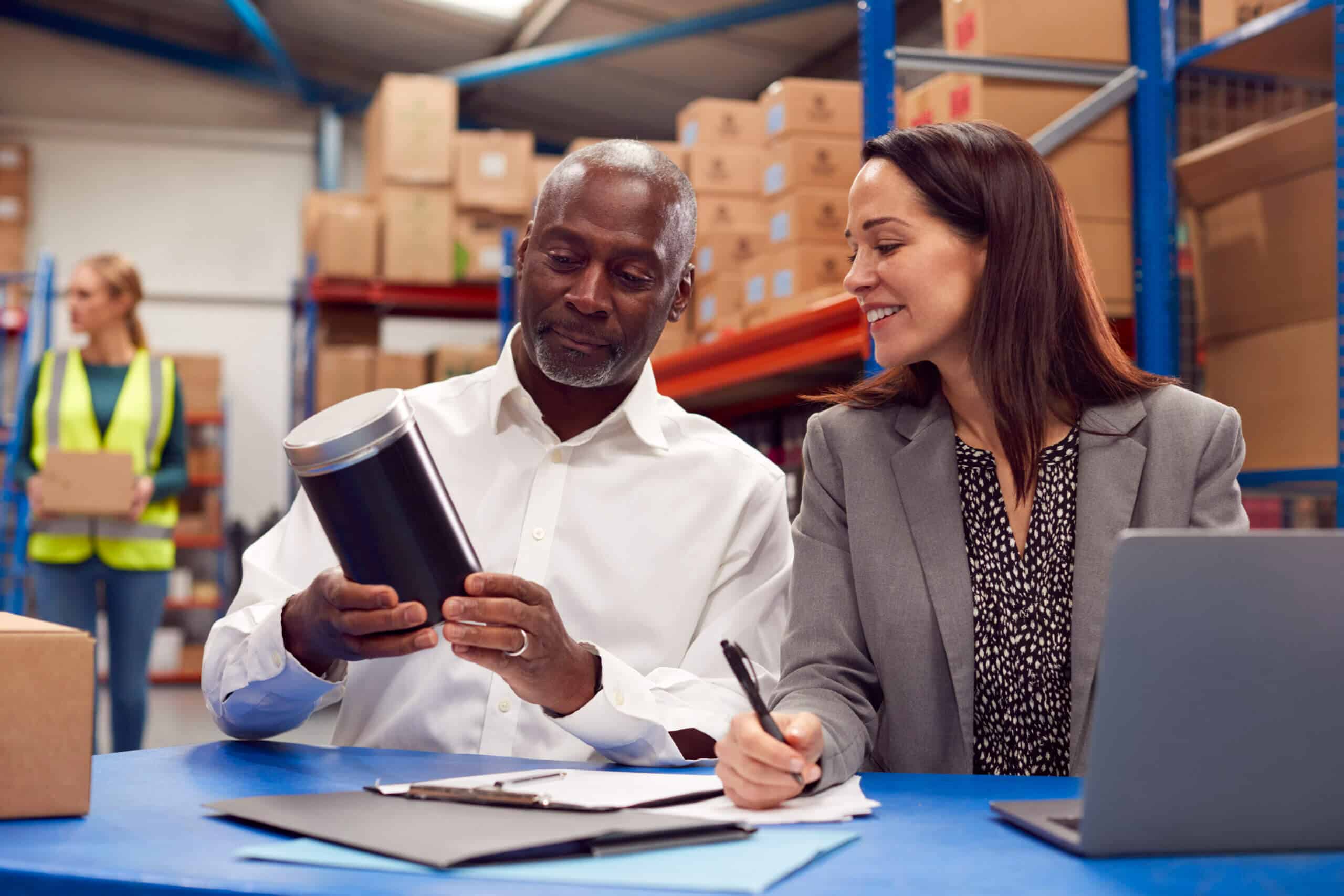Male And Female Team Leaders With Laptop In Warehouse Looking At Product Packaging