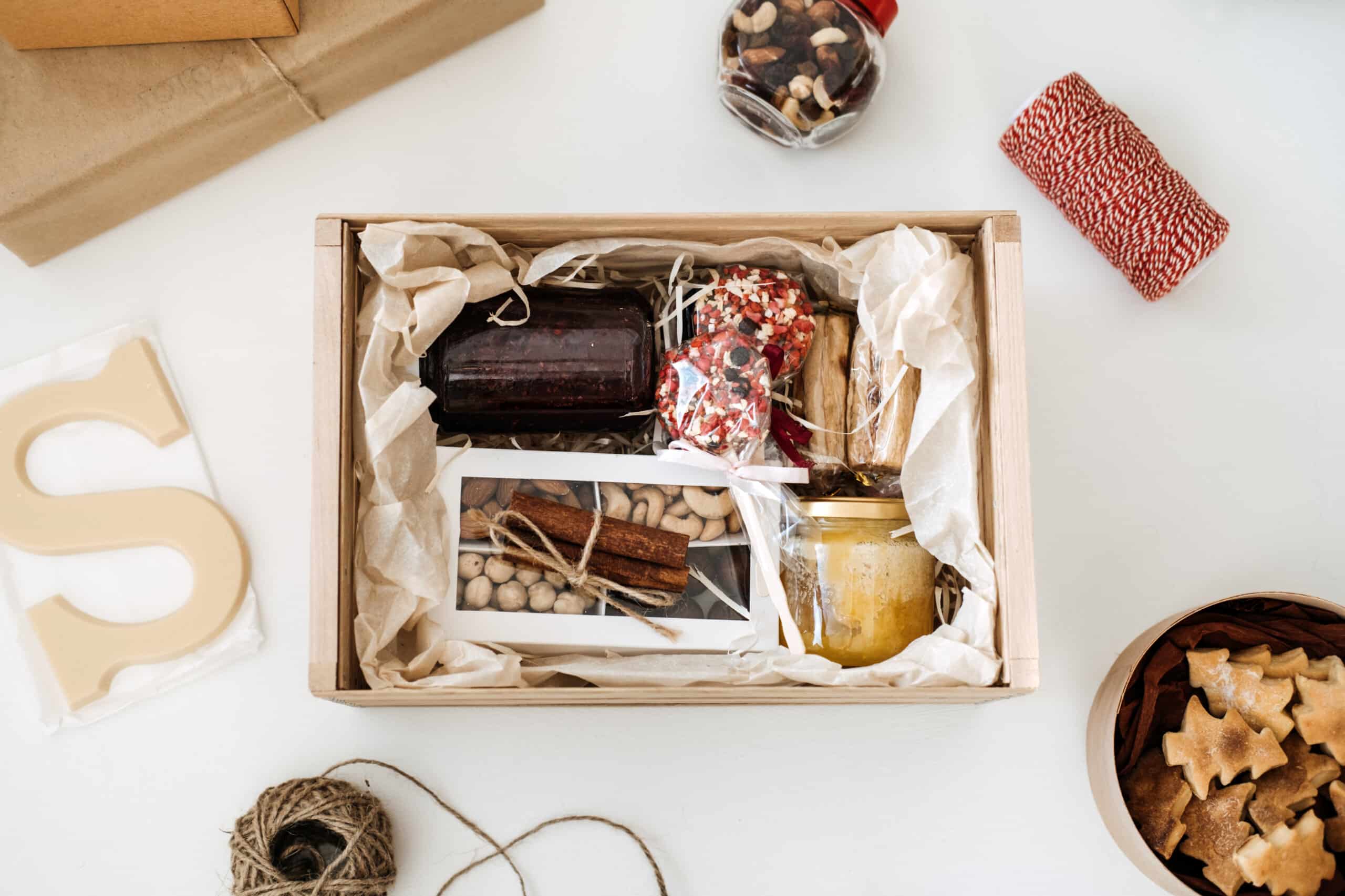 Gift care box, package with healthy desserts and sweets. Subscription Boxes for Christmas and the Holidays, present for family and friends. Christmas Gift care box for vegetarians, vegans for DTC trends