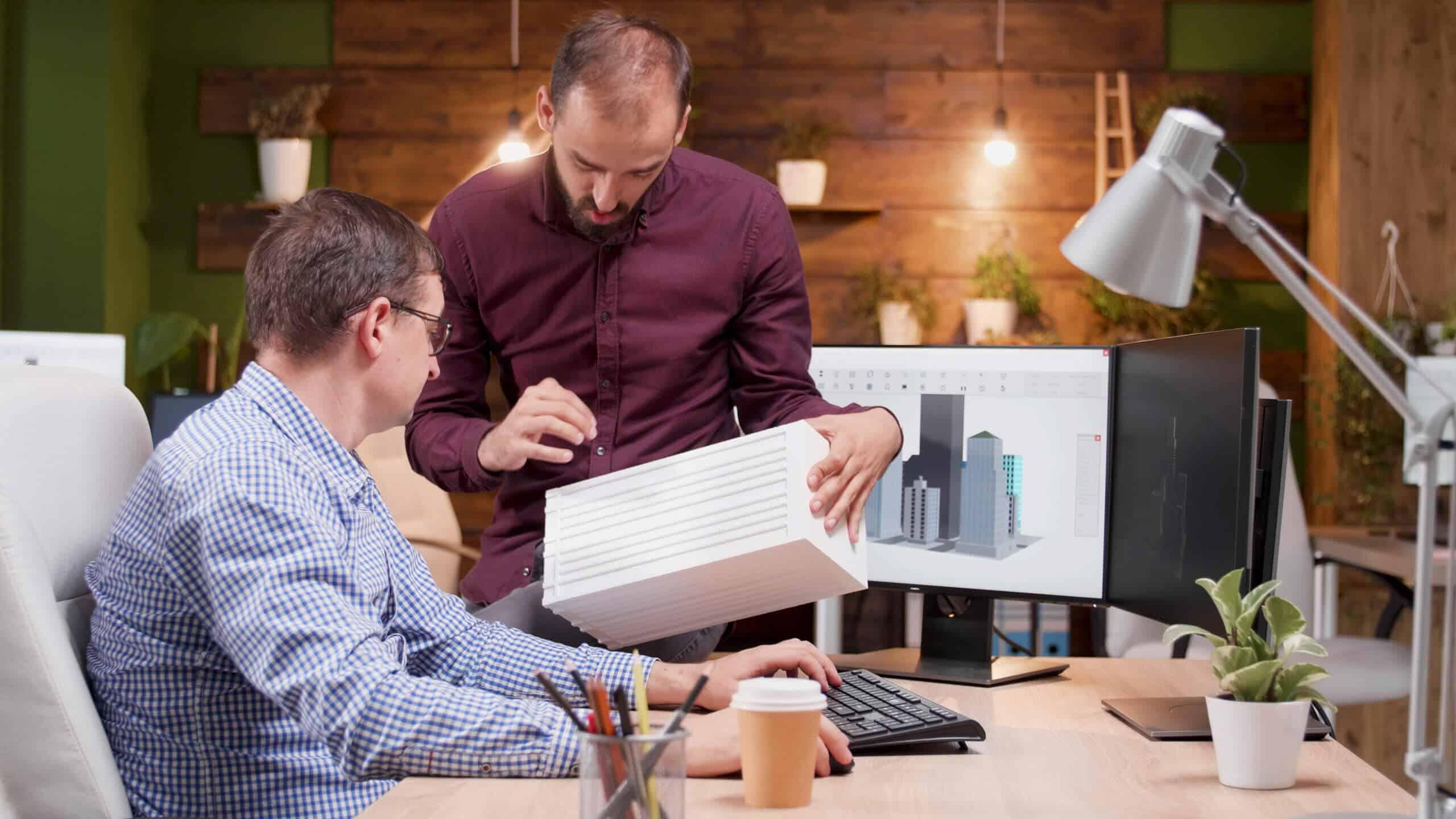 Architektenteam im Büro analysiert Prototyp eines Gebäudes und diskutiert neue Entwürfe und Konstruktionsideen für ein innovatives Projekt.