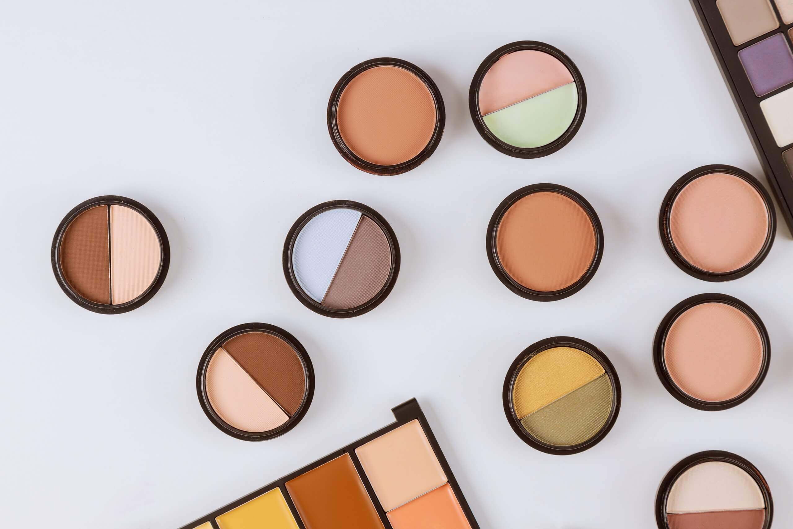 "Beautiful makeup products arranged on a counter"