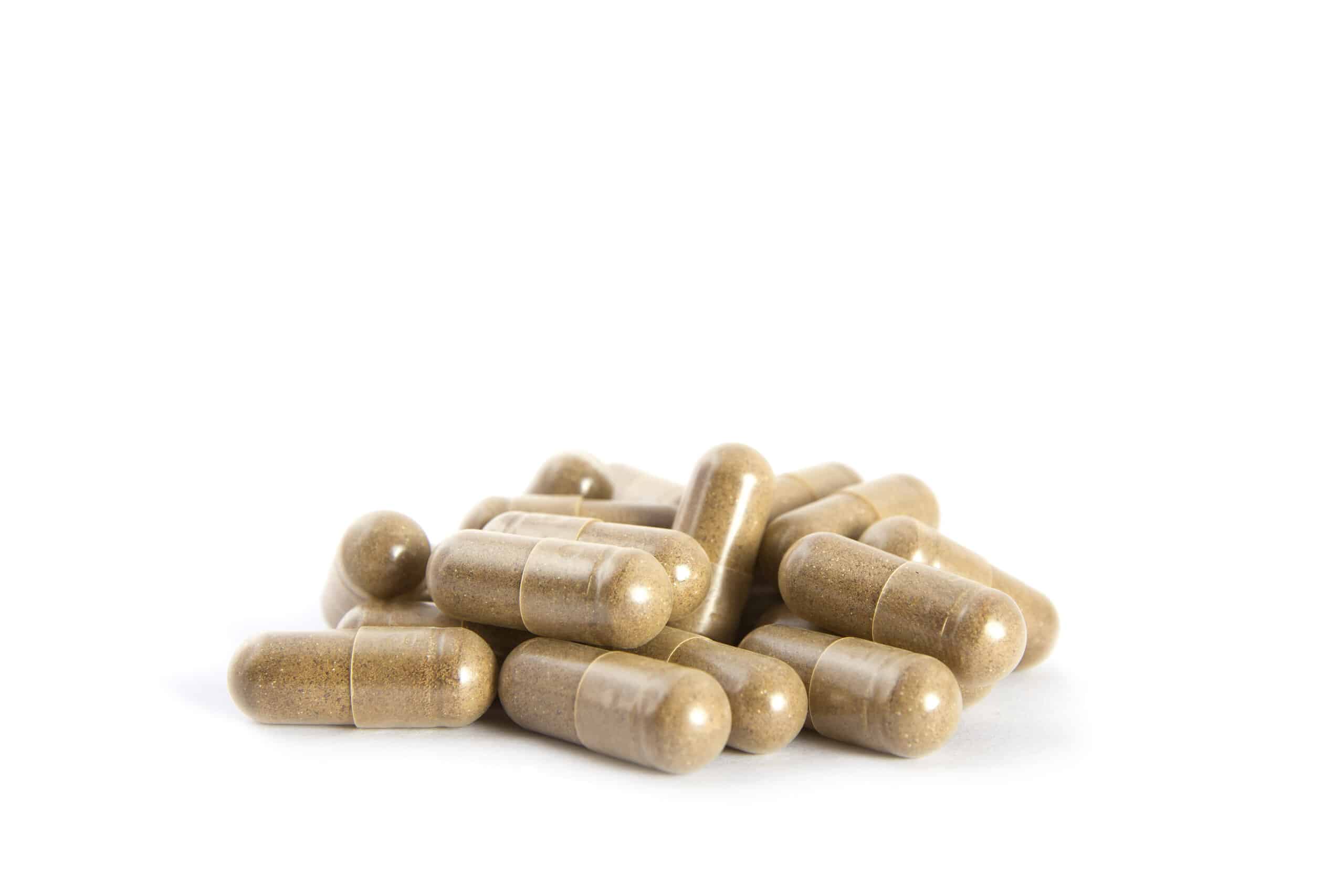 Ein Haufen Kollagen-Booster-Nahrungsergänzungsmittel-Pillen. Ein Polypeptidmolekül, Kollagen ist ein Protein in unserem Körper.