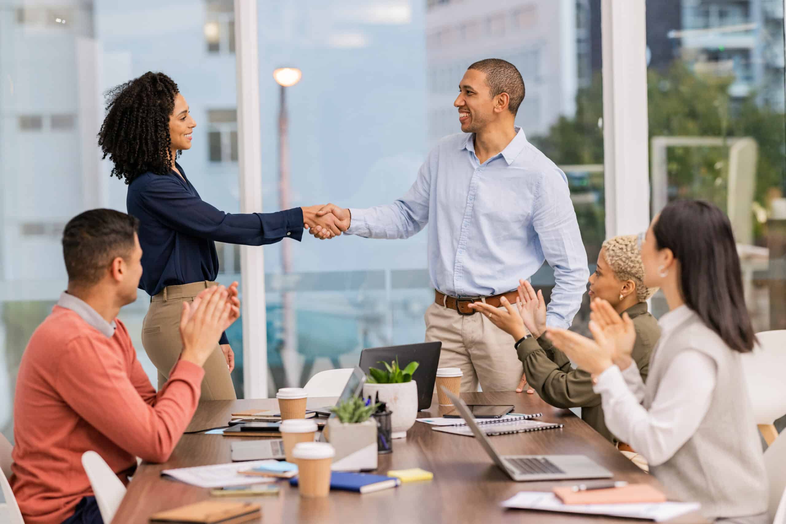 B2b success, winner or black woman shaking hands in meeting or startup project partnership or busin.
