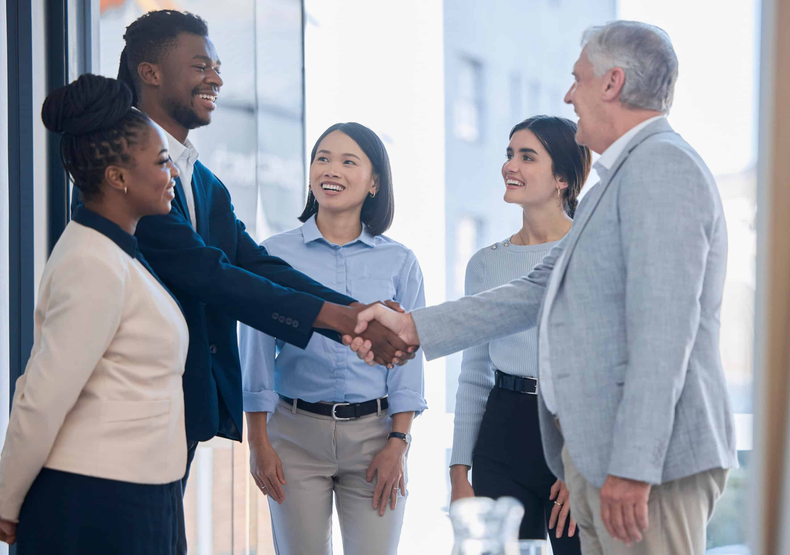 Hand shake, acquisition and business people happy for investment deal, b2b contract or negotiation .