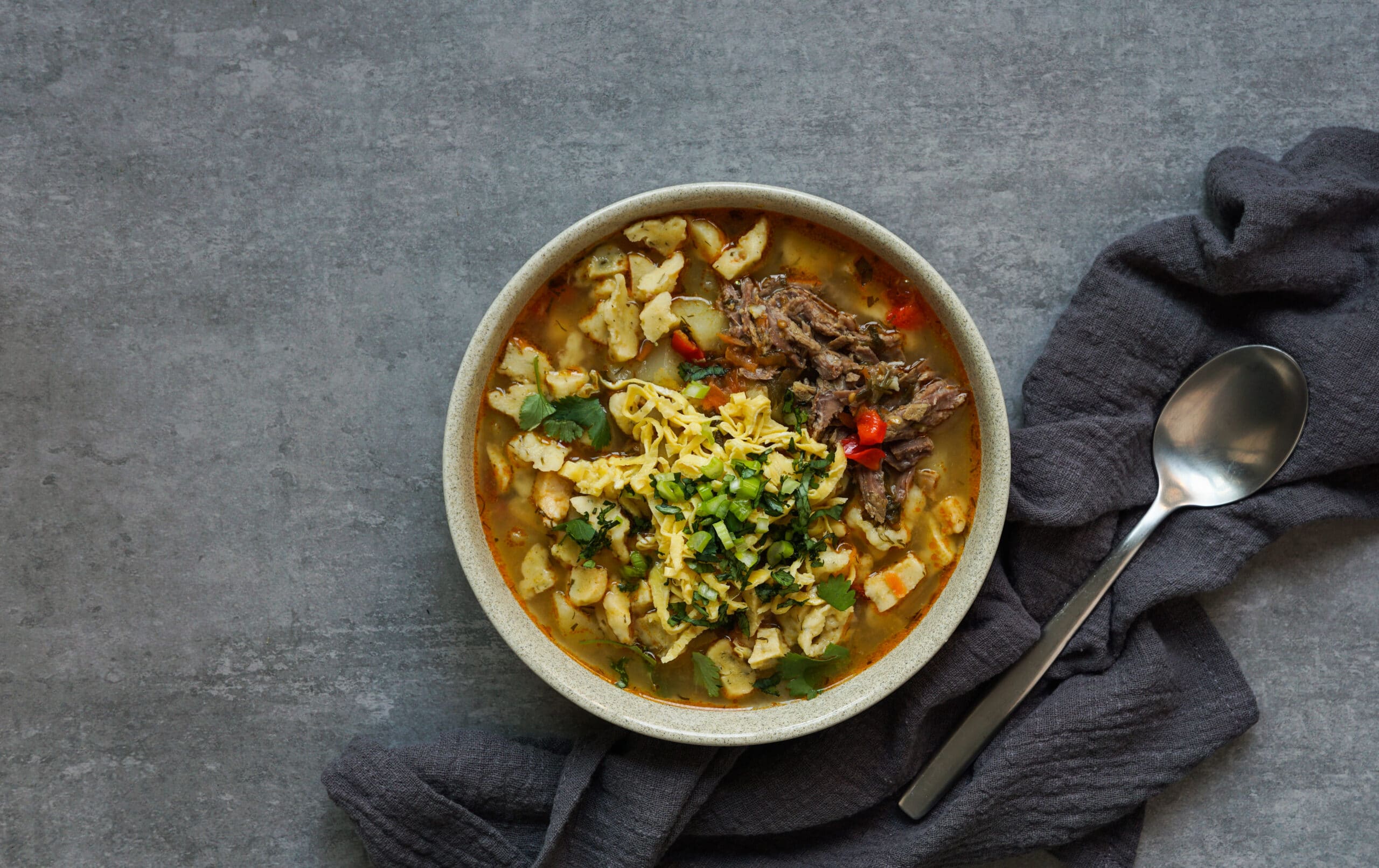 Manpar vegan soups with pasta, traditional soup of  middle asia