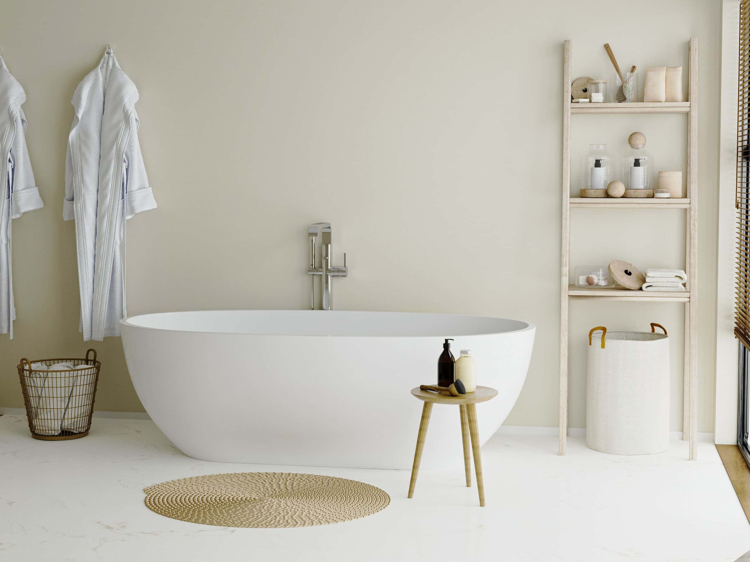 bathroom interior with bathtub in japandi style, 3d rendering
