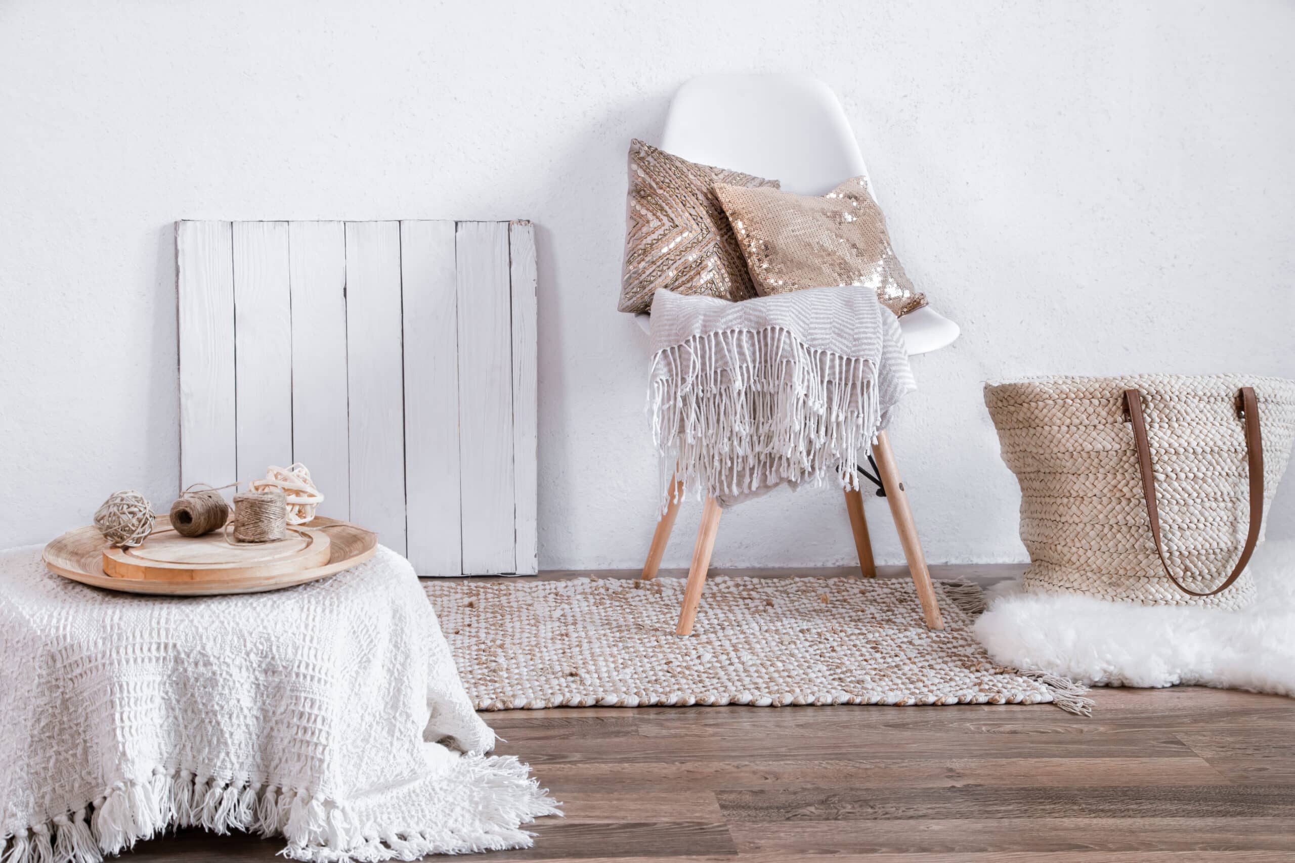 Bright interior of a cozy room with a chair and home decor . Modern interior, details and decor .