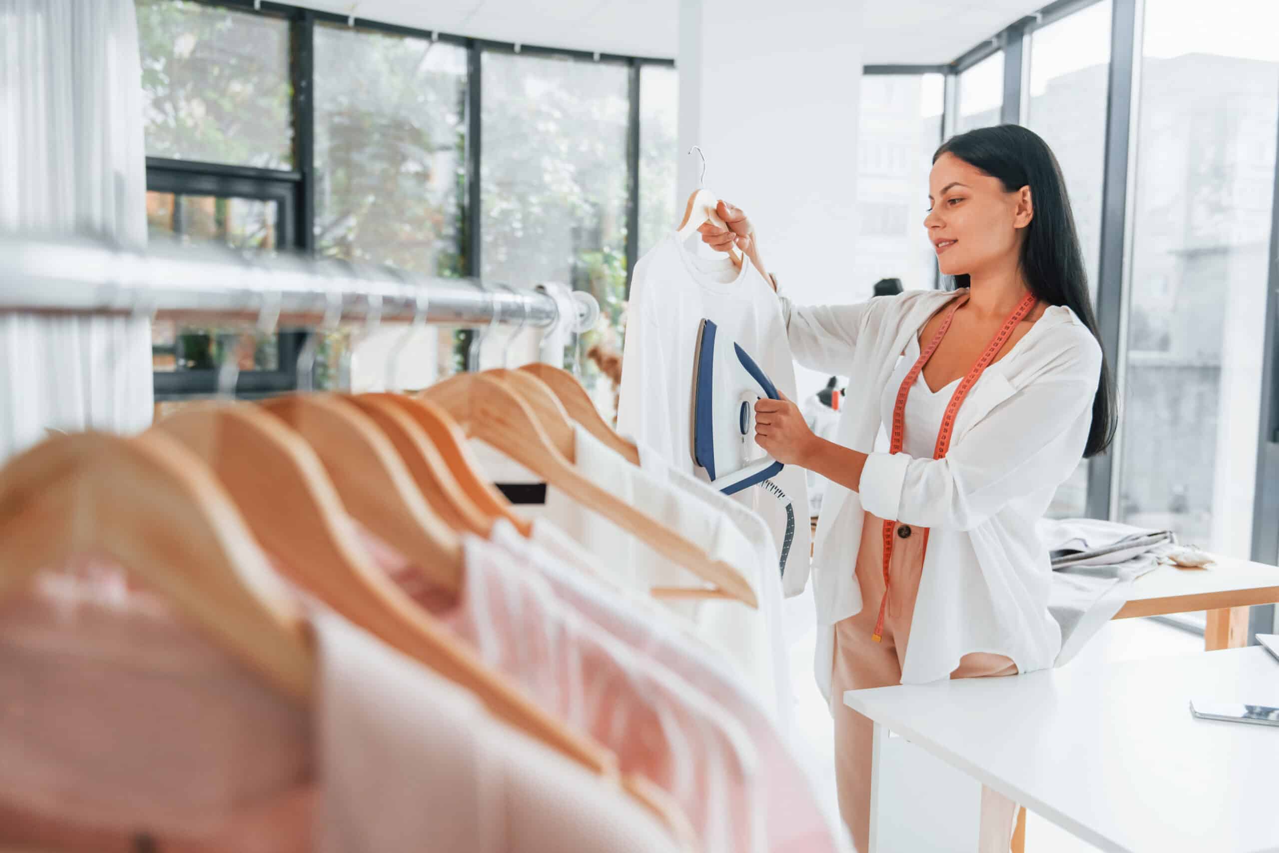 A woman meticulously ironing clothes, a crucial step in the garment finishing process, emphasizing the attention to detail in European clothing manufacturing.