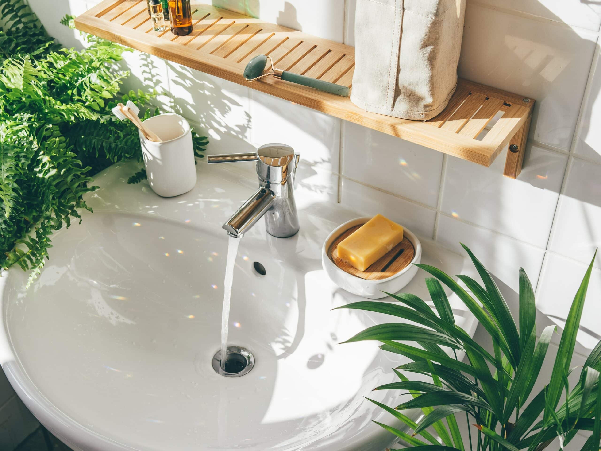 Top view of sing in a bathroom in biophilic design. Urban jungle. Wellness home design trend 2023