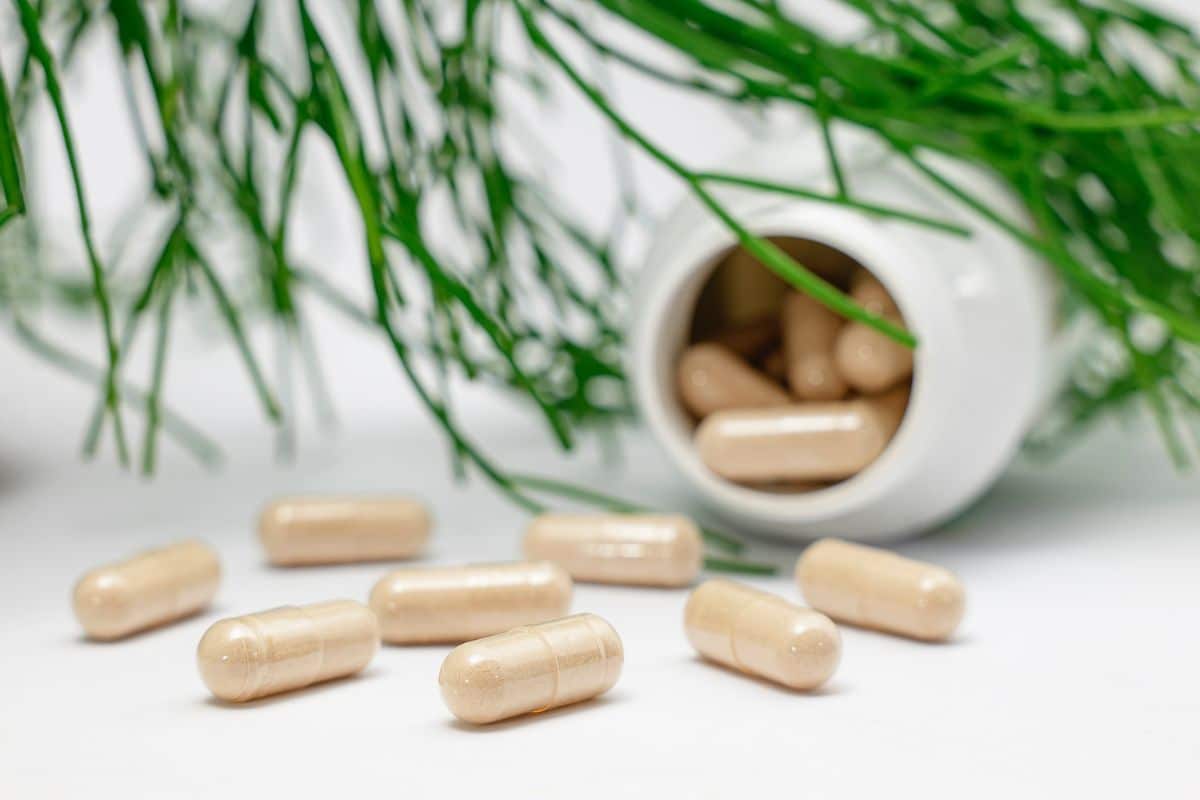 Eine Flasche mit Ginkgo-Biloba-Nahrungsergänzungsmitteln auf einem Tisch, die ihre potenziellen Vorteile für die kognitive Gesundheit und die Gedächtnisverbesserung hervorhebt.