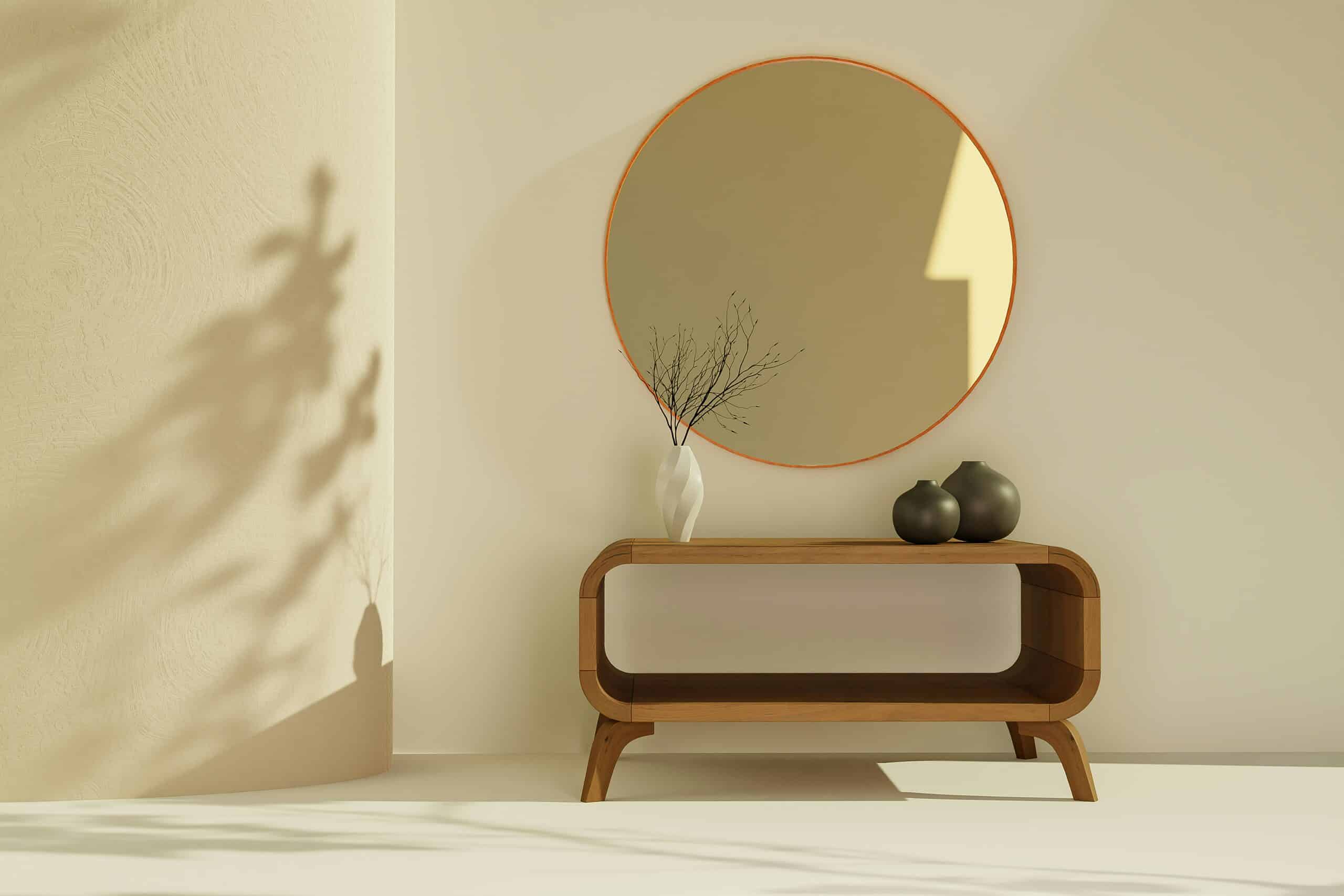An up close image of a mirror above a table/stand.
