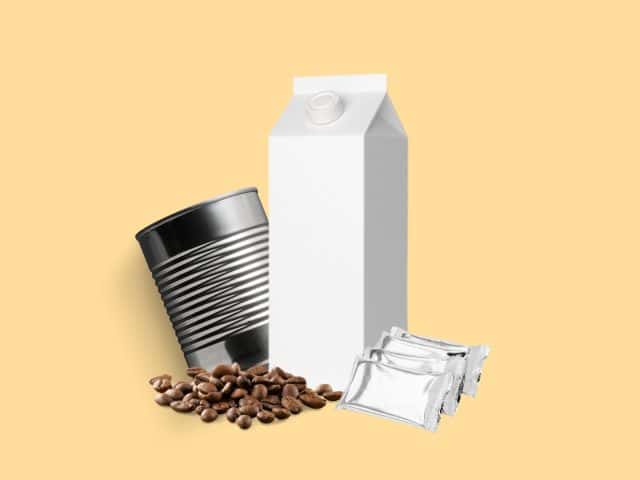 a white carton and a can of coffee beans and a can of coffee beans