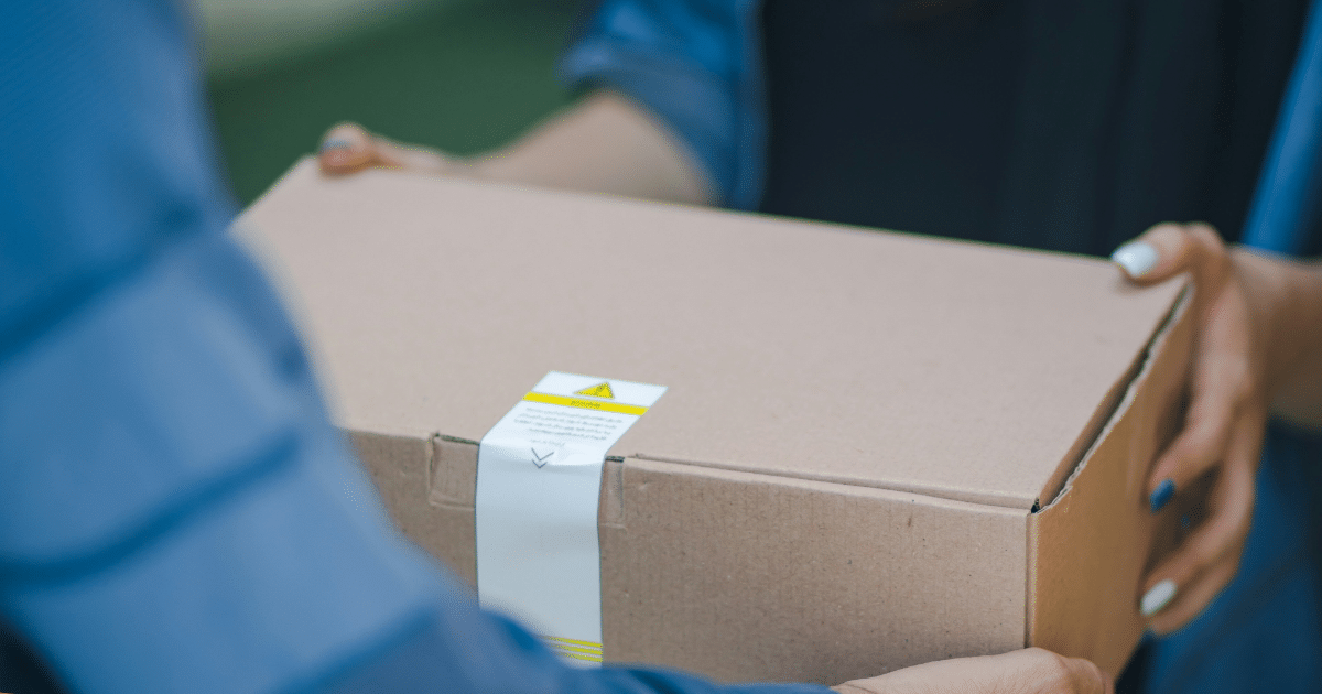 A package delivery with company branded goods inside.