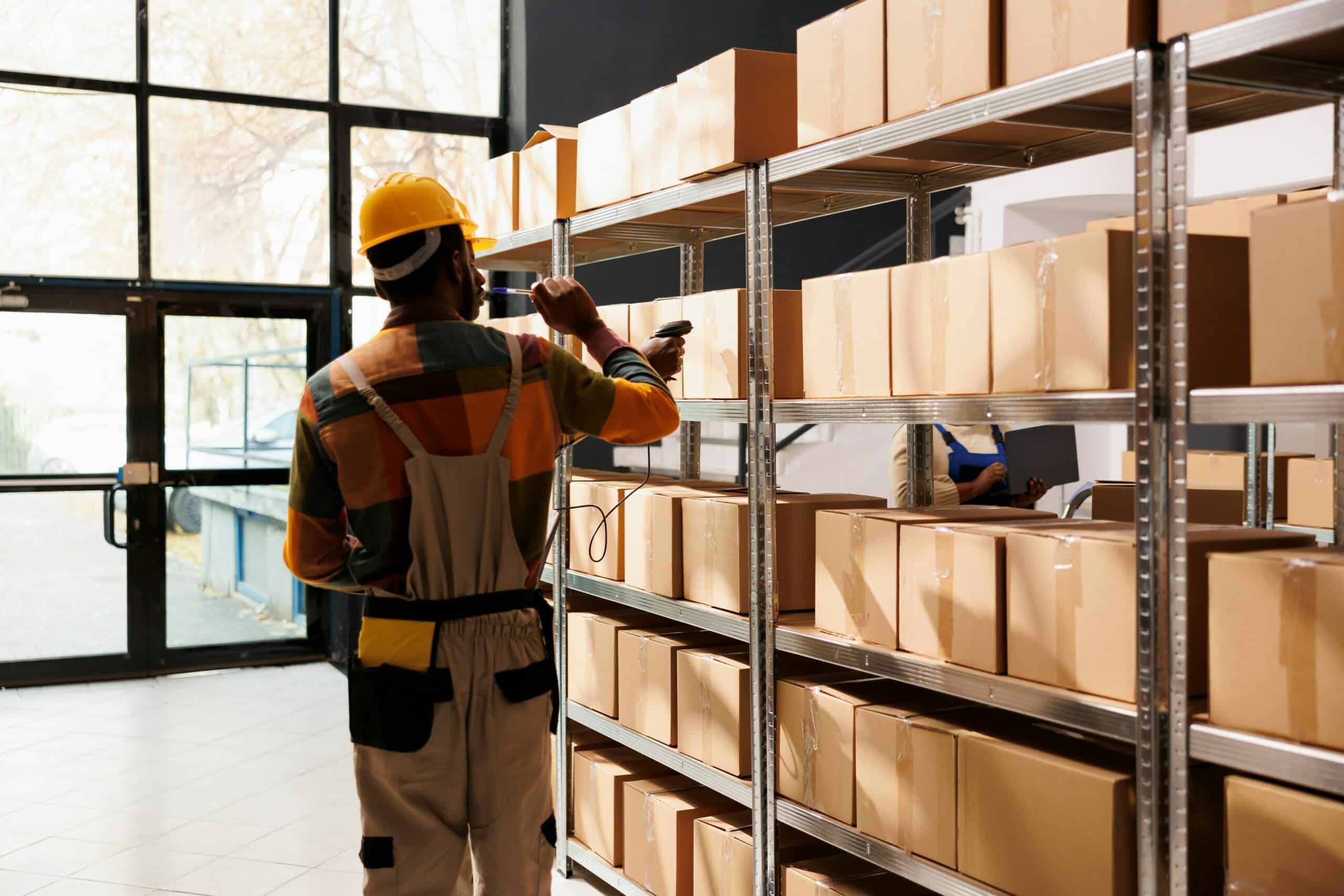 A man working in a warehouse and ensuring all boxes are in place on their prospective shelfs.