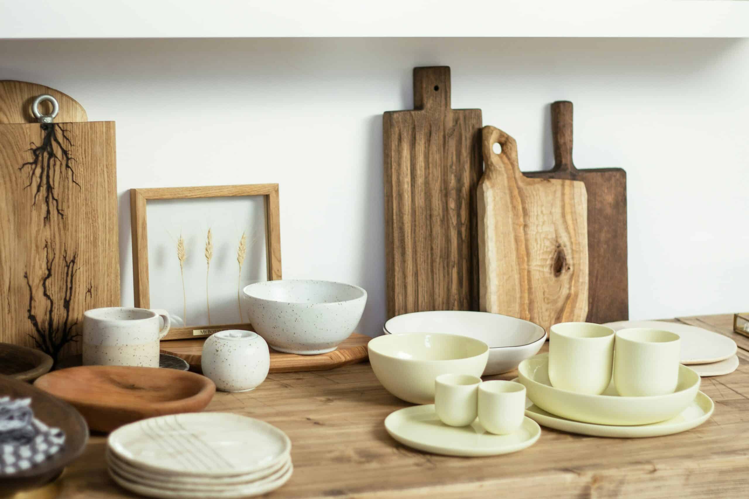 Küchenartikel wie Keramikteller, Schüsseln und Holzschneidebretter auf einem Tisch. In dieser Kategorie sind White-Label- und Private-Label-Produkte erhältlich.