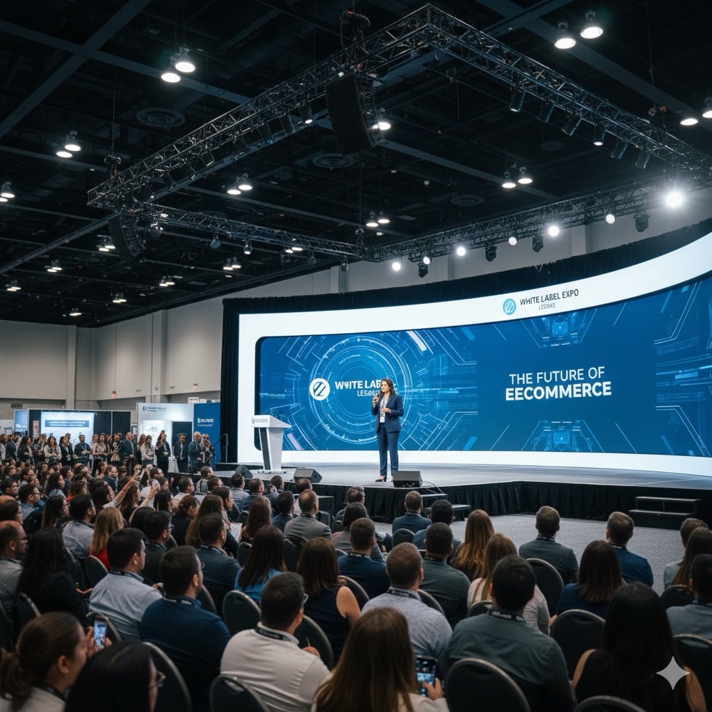 Speaker presenting at large conference event. white label world expo las vegas